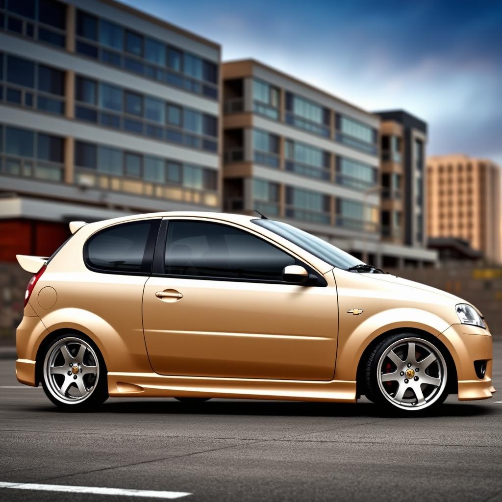 A 2006 Chevrolet Aveo customized with a sleek body kit and personalized rims