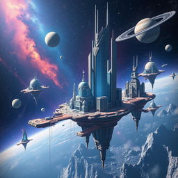 Create an image of floating cities traveling through the universe