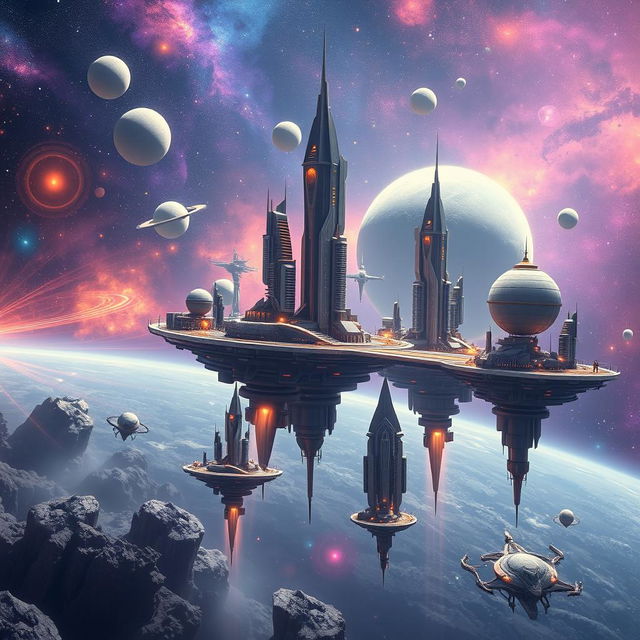 Create an image of floating cities traveling through the universe