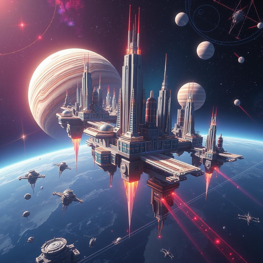 Create an image of floating cities traveling through the universe