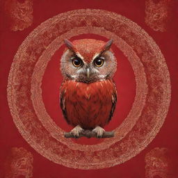 An owl in the center of a banner with a vibrant red background. The owl should stand out with intricate designs surrounding it.