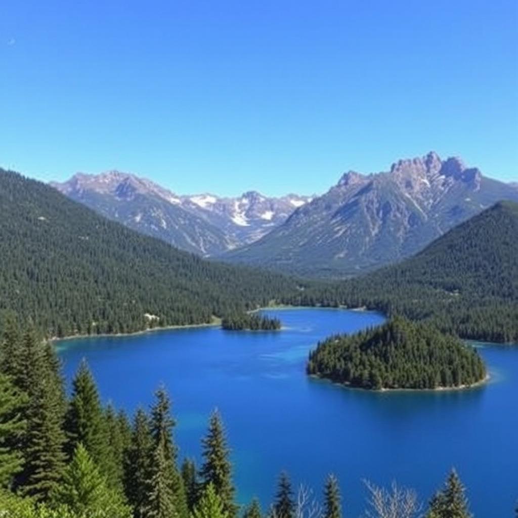 A beautiful landscape featuring a serene lake surrounded by lush green forests and majestic mountains in the background under a clear blue sky