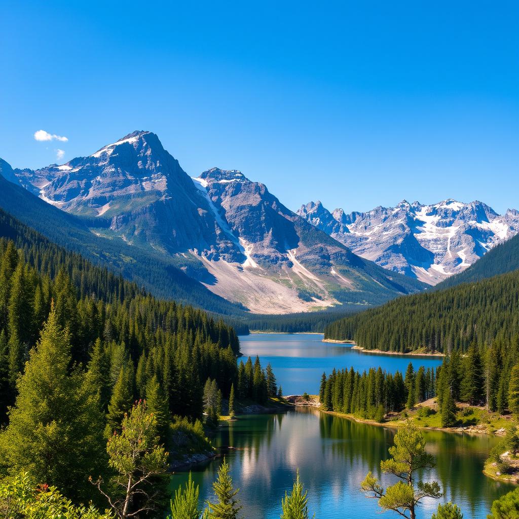 A beautiful landscape featuring a serene lake surrounded by lush green forests and majestic mountains in the background under a clear blue sky