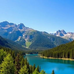 A beautiful landscape featuring a serene lake surrounded by lush green forests and majestic mountains in the background under a clear blue sky