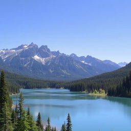 A beautiful landscape featuring a serene lake surrounded by lush green forests and majestic mountains in the background under a clear blue sky