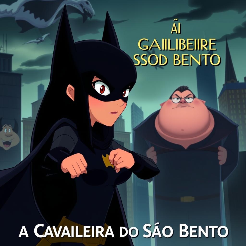 An animated movie poster featuring a woman with long black hair, patrolling a city like Batman