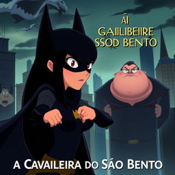 An animated movie poster featuring a woman with long black hair, patrolling a city like Batman