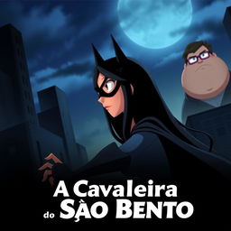 An animated movie poster featuring a woman with long black hair, patrolling a city like Batman