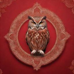 An owl in the center of a banner with a vibrant red background. The owl should stand out with intricate designs surrounding it.