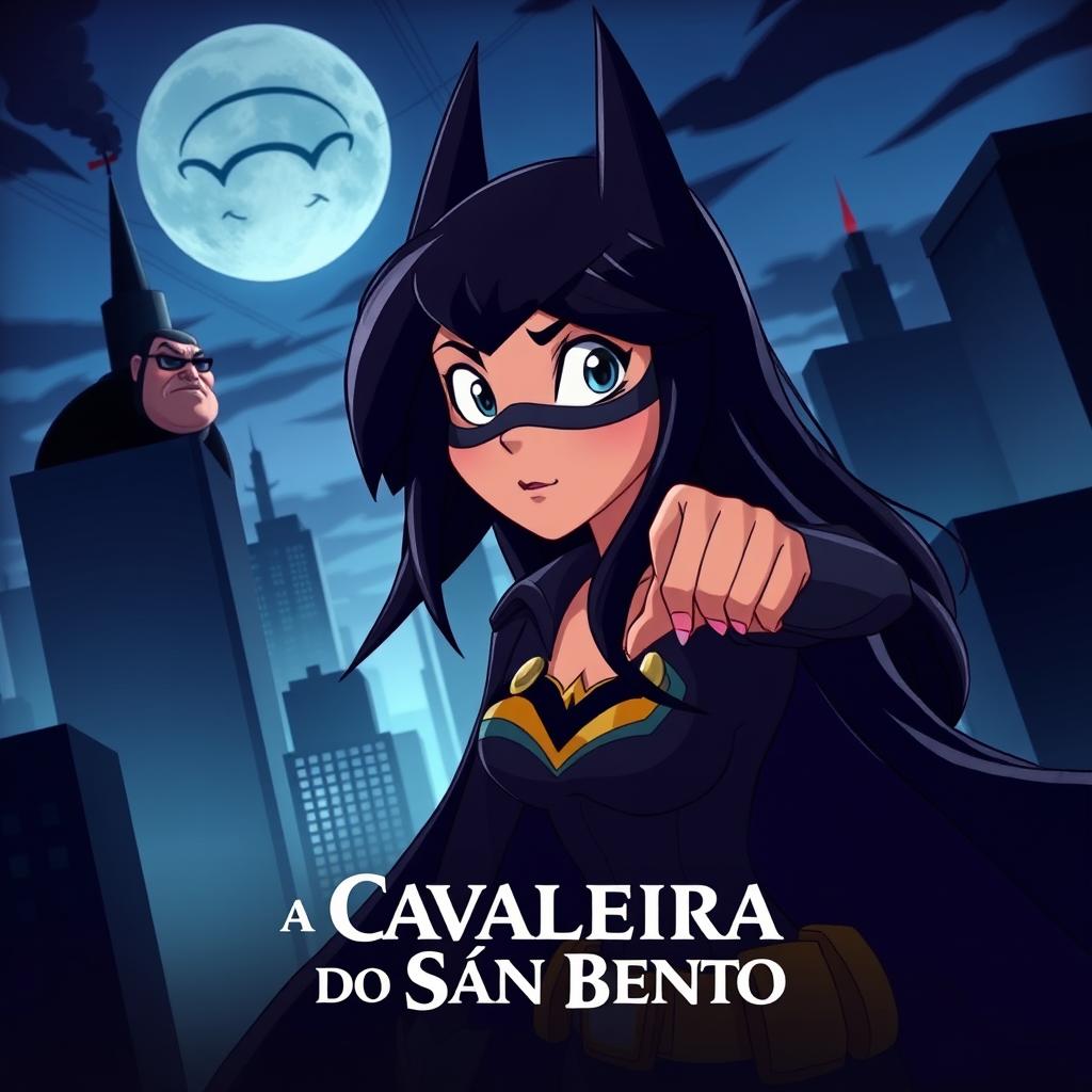 An animated movie poster featuring a woman with long black hair, patrolling a city like Batman