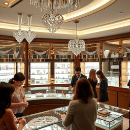 A beautifully designed jewelry shop with sparkling displays of rings, necklaces, and bracelets