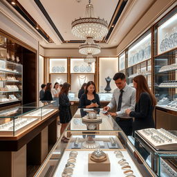 A beautifully designed jewelry shop with sparkling displays of rings, necklaces, and bracelets