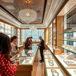 A beautifully designed jewelry shop with sparkling displays of rings, necklaces, and bracelets