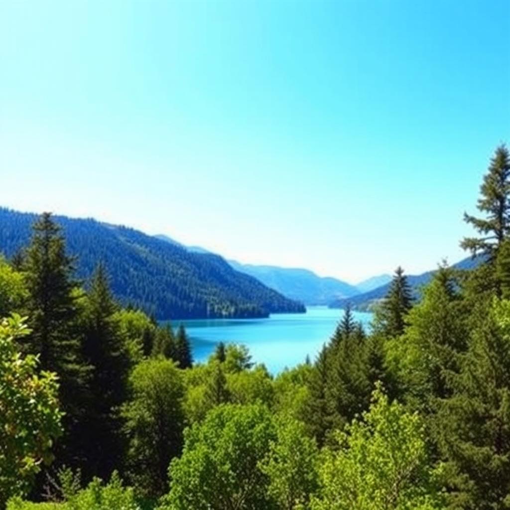 A beautiful landscape featuring a serene lake surrounded by lush green trees, with a clear blue sky and mountains in the background