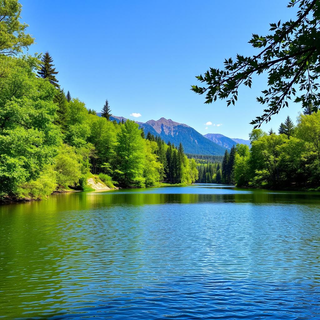 A beautiful landscape featuring a serene lake surrounded by lush green trees, with a clear blue sky and mountains in the background