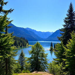 A beautiful landscape featuring a serene lake surrounded by lush green trees, with a clear blue sky and mountains in the background