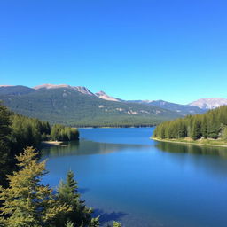 A beautiful landscape featuring a serene lake surrounded by lush green trees, with a clear blue sky and mountains in the background