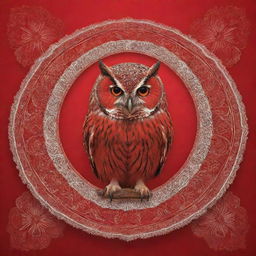 An owl in the center of a banner with a vibrant red background. The owl should stand out with intricate designs surrounding it.