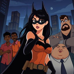 An animated movie poster featuring a woman with long black hair, patrolling a city like Batman