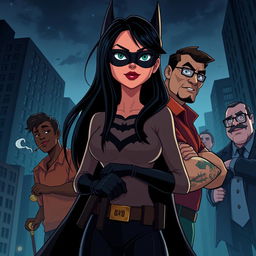 An animated movie poster featuring a woman with long black hair, patrolling a city like Batman