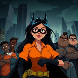 An animated movie poster featuring a woman with long black hair, patrolling a city like Batman