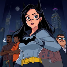 An animated movie poster featuring a woman with long black hair, patrolling a city like Batman