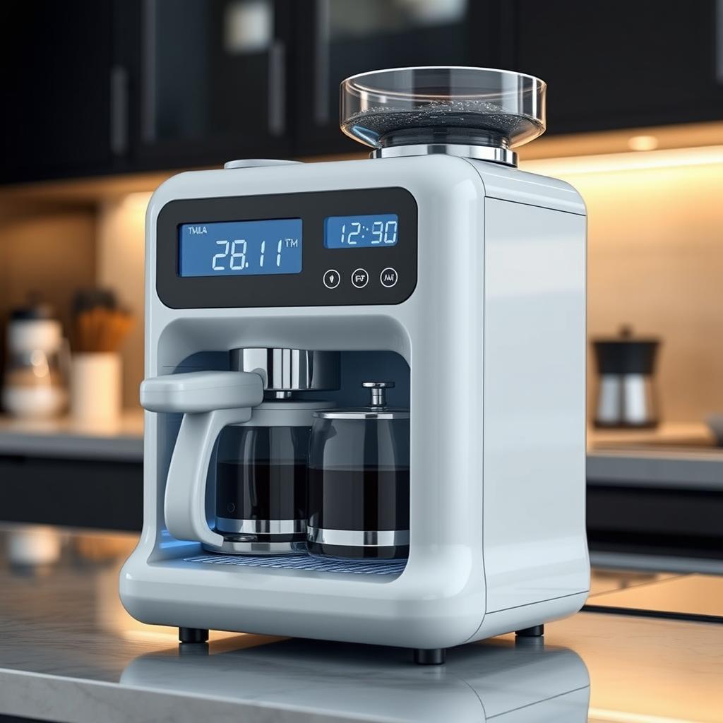 An intricate coffee machine that doubles as an alarm clock, featuring a sleek and modern design with digital displays, buttons, and a built-in coffee grinder