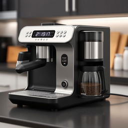 An intricate coffee machine that doubles as an alarm clock, featuring a sleek and modern design with digital displays, buttons, and a built-in coffee grinder