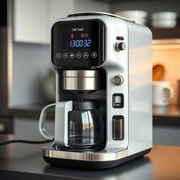 An intricate coffee machine that doubles as an alarm clock, featuring a sleek and modern design with digital displays, buttons, and a built-in coffee grinder