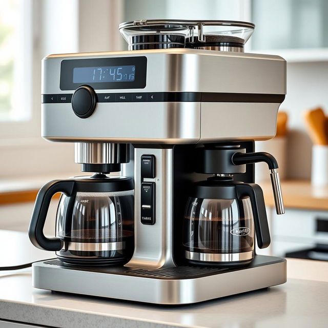 An intricate coffee machine that doubles as an alarm clock, featuring a sleek and modern design with digital displays, buttons, and a built-in coffee grinder