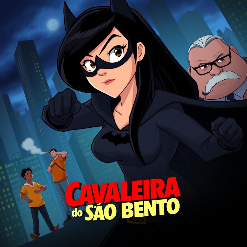 An animated movie poster featuring a woman with long black hair, patrolling a city like Batman