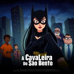 An animated movie poster featuring a woman with long black hair, patrolling a city like Batman