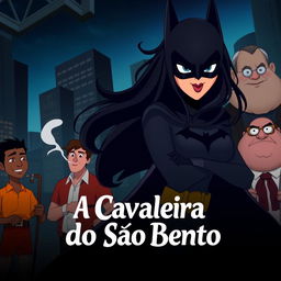 An animated movie poster featuring a woman with long black hair, patrolling a city like Batman