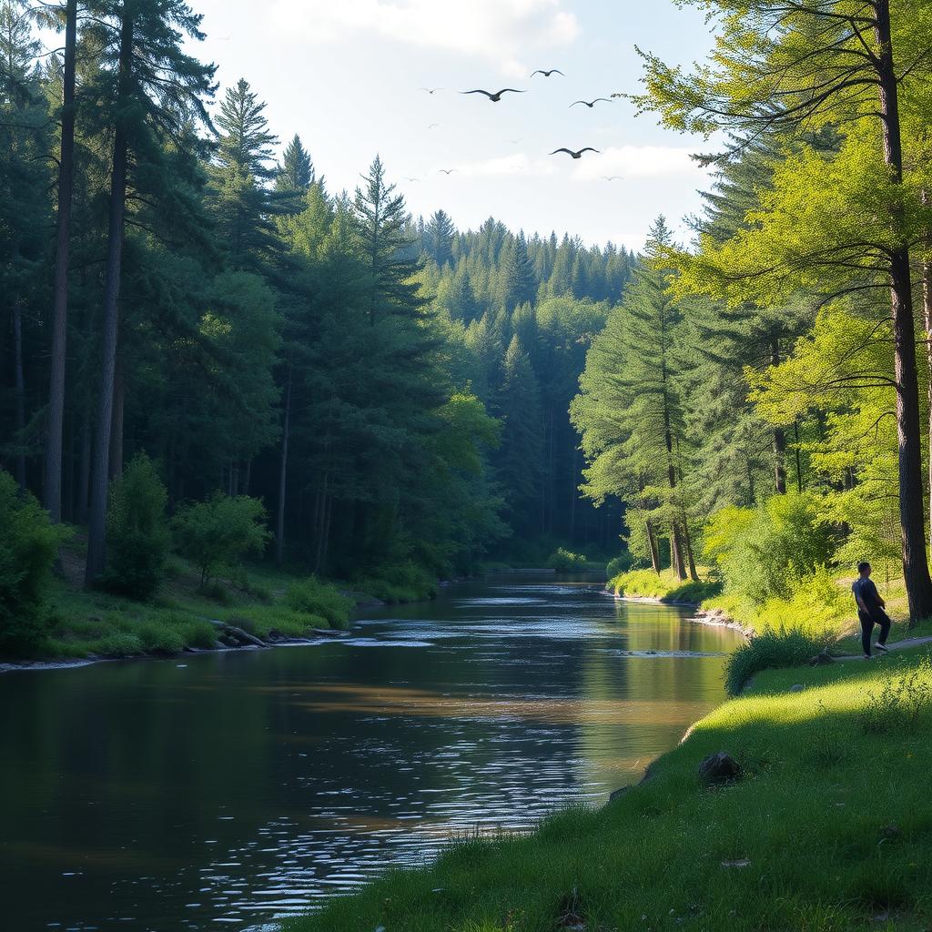 A serene landscape featuring a calm river flowing through a dense forest with tall trees and lush greenery