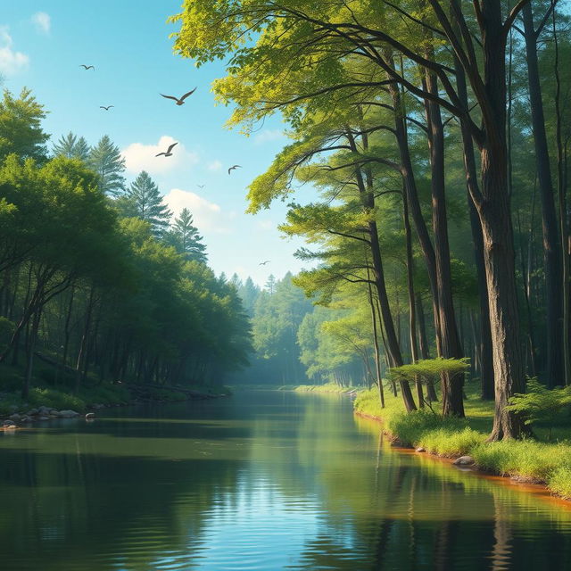 A serene landscape featuring a calm river flowing through a dense forest with tall trees and lush greenery