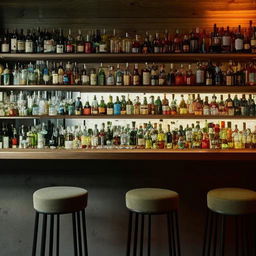 An atmospheric interior of a vintage bar with dimmed lights, oak countertops, high bar stools, and a variety of colorful bottles on wall-mounted shelves.