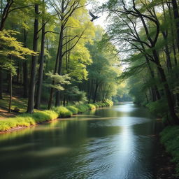 A serene landscape featuring a calm river flowing through a dense forest with tall trees and lush greenery