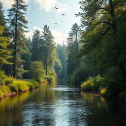 A serene landscape featuring a calm river flowing through a dense forest with tall trees and lush greenery