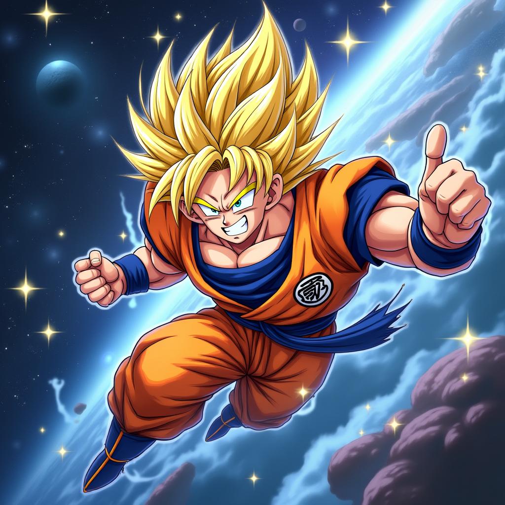 Goku in his Super Saiyan form flying through space, surrounded by stars, planets, and galaxies