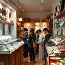 A quaint little store specializing in imitation jewelry, featuring two stands displaying cheap jewelry and one stand showcasing jewelry-making materials