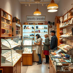 A quaint little store specializing in imitation jewelry, featuring two stands displaying cheap jewelry and one stand showcasing jewelry-making materials