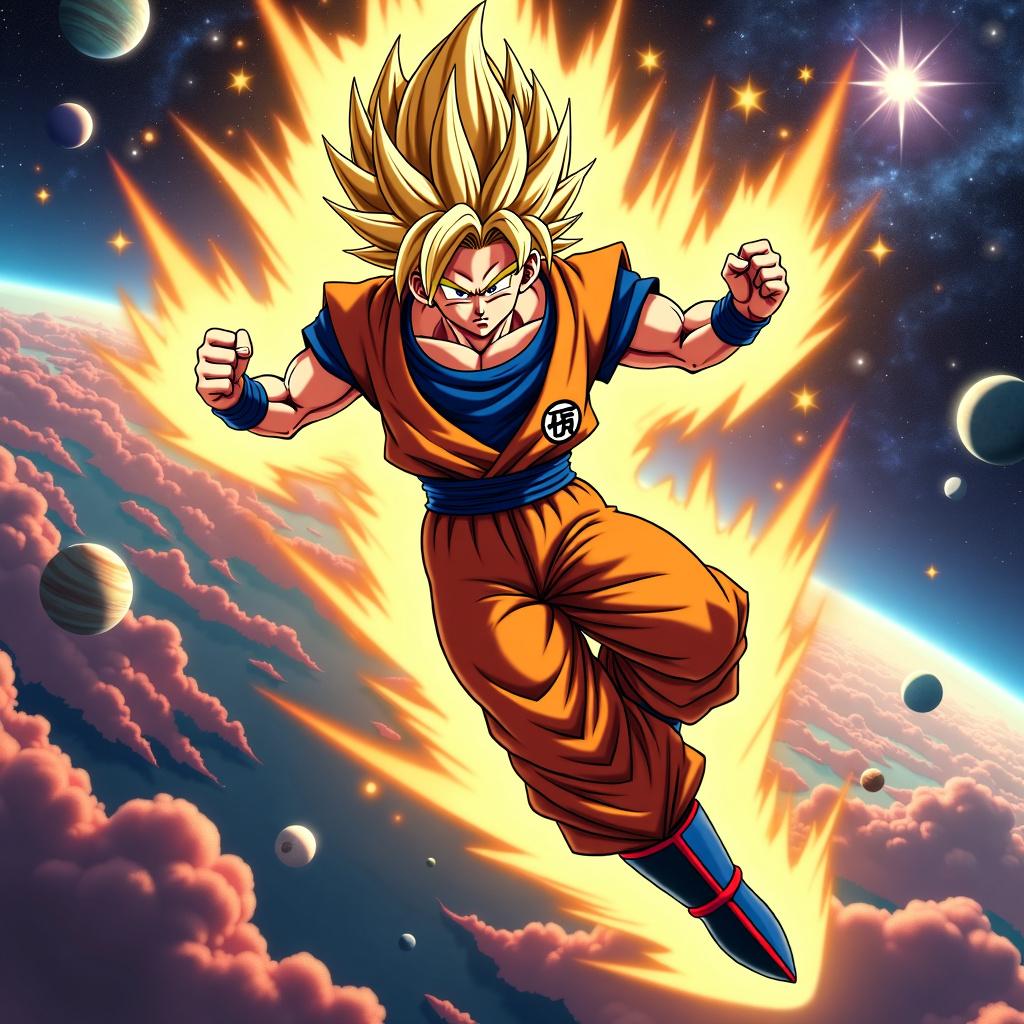 Super Saiyan Goku flying through space with a glowing golden aura, surrounded by stars, planets, and vibrant cosmic colors.