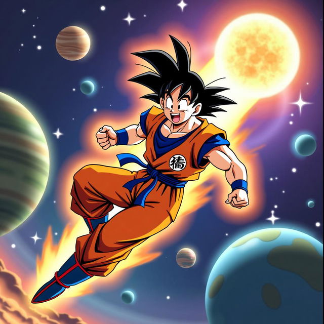 Goku is flying through outer space, wearing his orange and blue gi