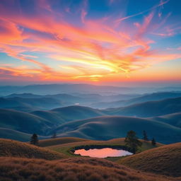 Generate an image featuring a beautiful landscape with rolling hills, a clear blue sky, and a vibrant sunset