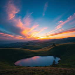 Generate an image featuring a beautiful landscape with rolling hills, a clear blue sky, and a vibrant sunset