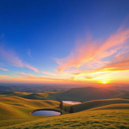 Generate an image featuring a beautiful landscape with rolling hills, a clear blue sky, and a vibrant sunset