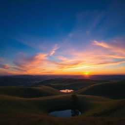 Generate an image featuring a beautiful landscape with rolling hills, a clear blue sky, and a vibrant sunset