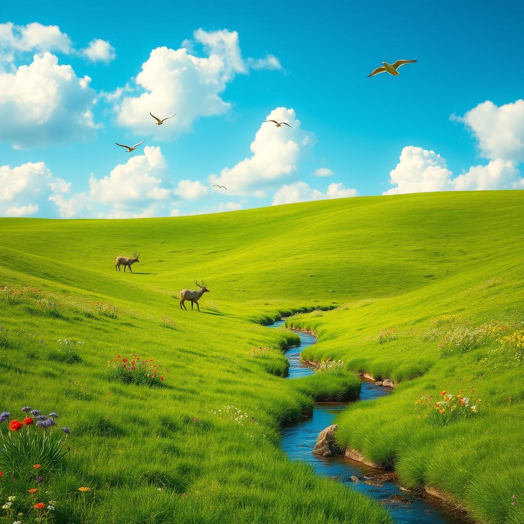 A serene landscape featuring a lush green meadow under a clear blue sky with fluffy white clouds