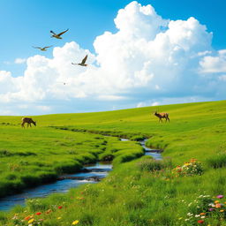 A serene landscape featuring a lush green meadow under a clear blue sky with fluffy white clouds