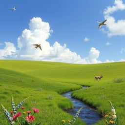 A serene landscape featuring a lush green meadow under a clear blue sky with fluffy white clouds